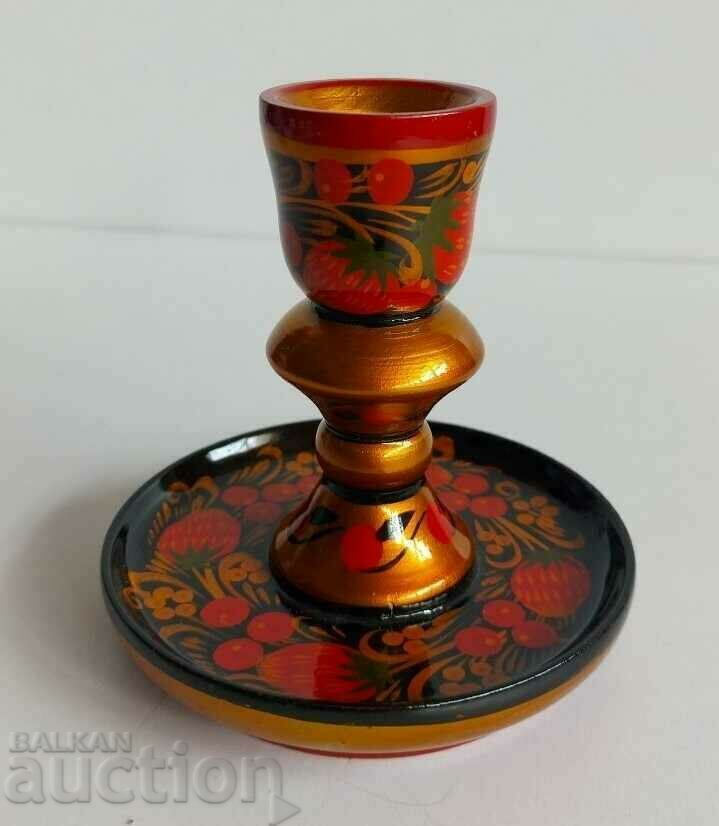 . SOCIET SOVIET PAINTED WOODEN CANDLESTICK KHOHLOMA DECORATION