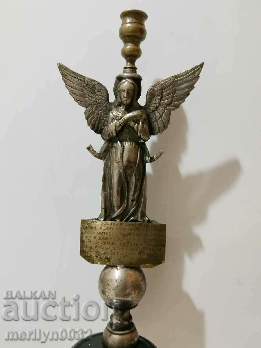 Figură decorativă de donație de bronz a lumânării Îngerului Păstorului din 1930