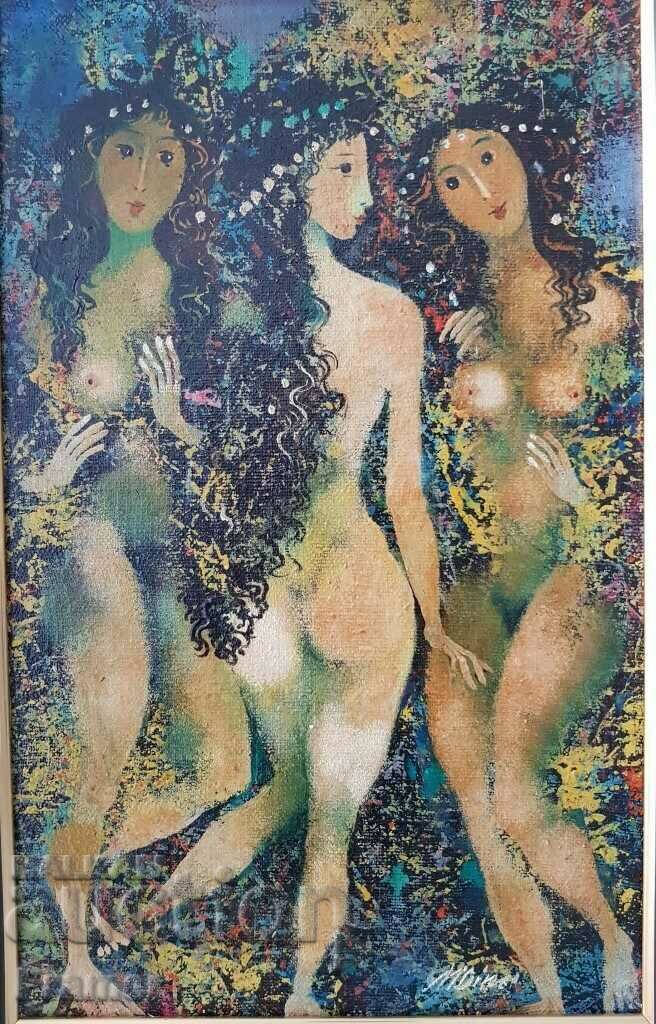 Mitko Dimitrov 1946-2022 The Three Graces 1992 oil paints with price 800.00 BGN | € 409.03 Mitko Dimitrov 1946-2022 The Three Graces 1992 oil paints with price 800.00 BGN | € 409.03