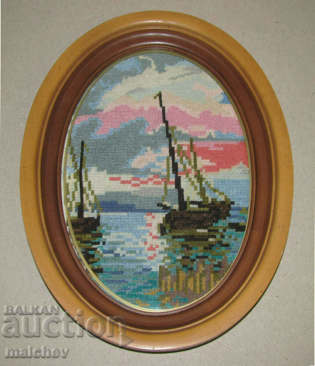 Tapestry Boats at sea 1 mm stitch, frame 21/27 antireflective. glass