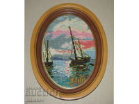 Tapestry Boats at sea 1 mm stitch, frame 21/27 antireflective. glass