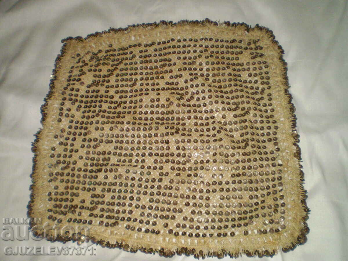 Old tablecloth crocheted and embroidered sequins rare