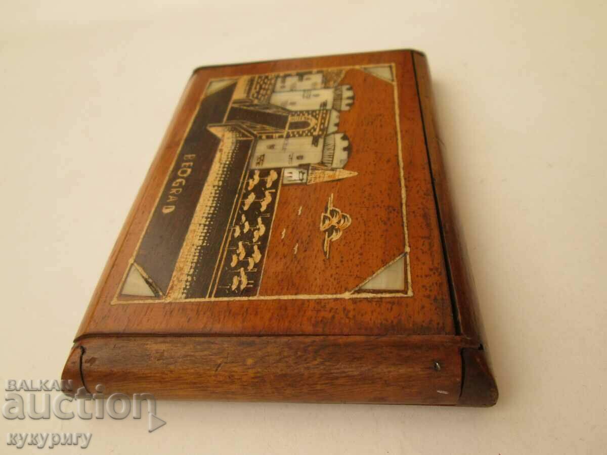 Auction  Old wooden cigarette case with mother-of-pearl inlay