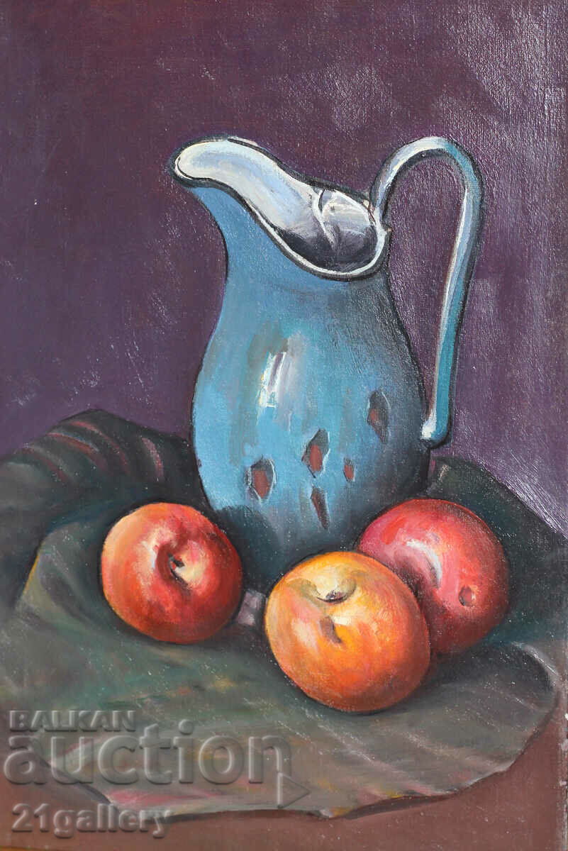 Prof. Stoyan Domuschiev (1935-2021) Still life with jug and fruits with price 1000.00 BGN | € 511.29 Prof. Stoyan Domuschiev (1935-2021) Still life with jug and fruits with price 1000.00 BGN | € 511.29