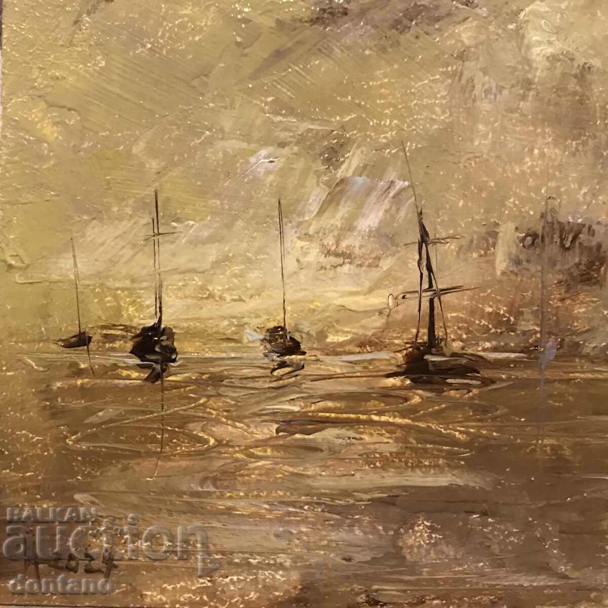 Anton Yordanov-Original-Small landscape oil painting-Boats