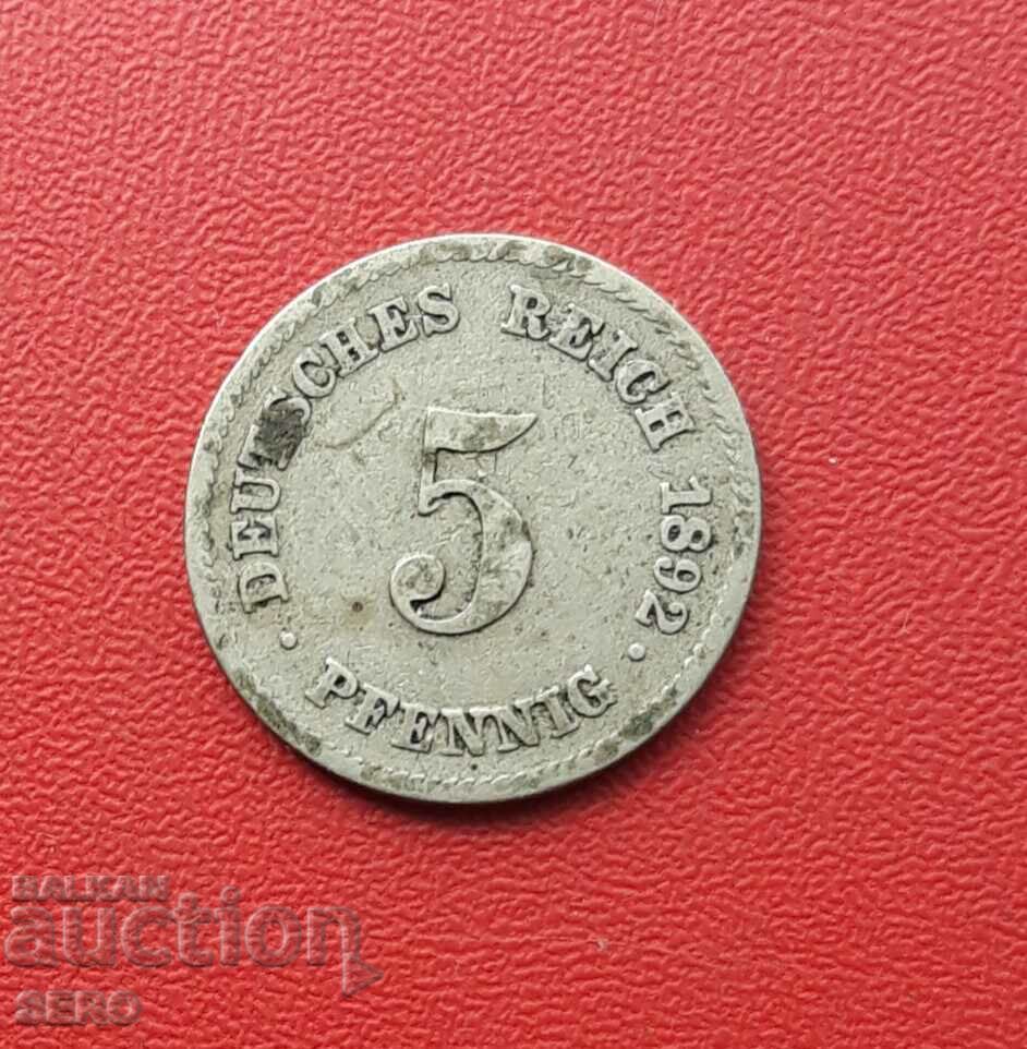 Γερμανία-5 Pfennig 1892 E-Muldenhüten-σπάνιο