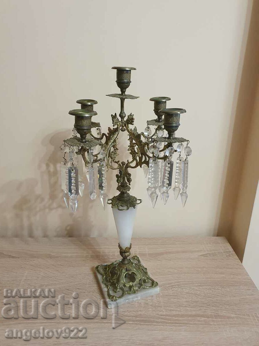 Large massive bronze marble and crystal candle holder!