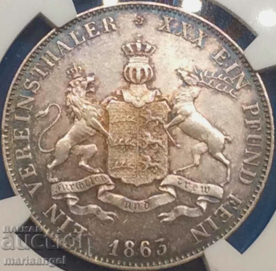 Thaler 1863 Germany Württemberg NGC AU Details silver Patina