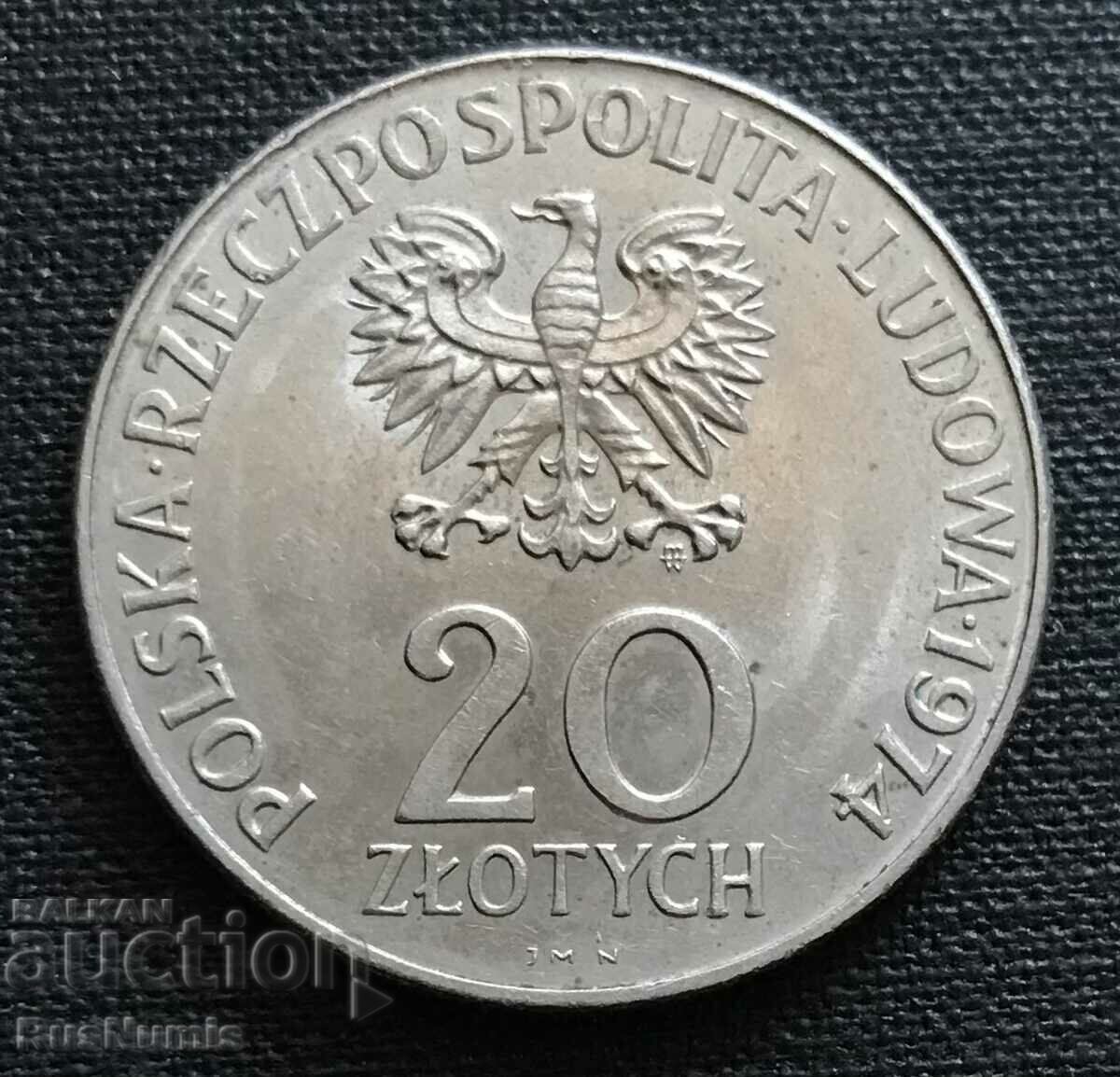 Poland.20 zlotys 1974. 20 years GRAY. with price 5.00 BGN | € 2.56