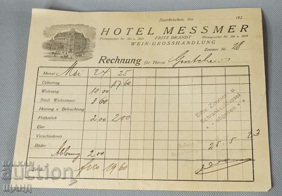 1920 HOTEL MESSMER Document invoice lithograph