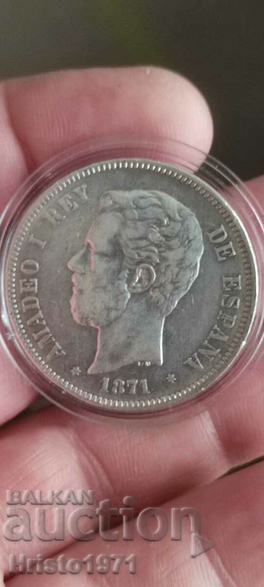 5 Pesetas 1871 with price 90.00 BGN | € 46.02 5 Pesetas 1871 with price 90.00 BGN | € 46.02