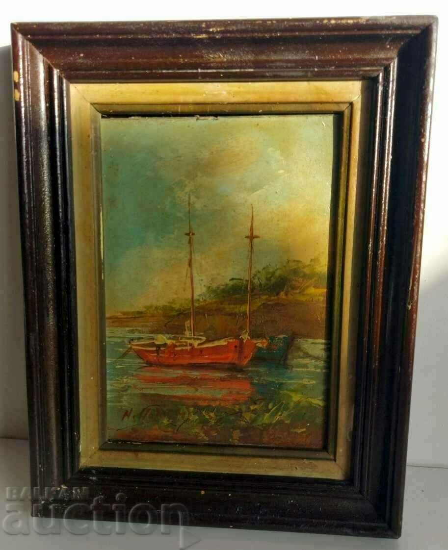 . 1941 OLD OIL PAINTING SEA BOAT MARINISM SIGNED