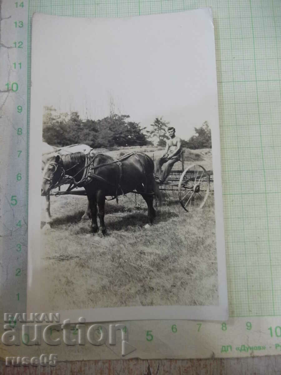 Old photo of a man on a country road. horse drawn machine