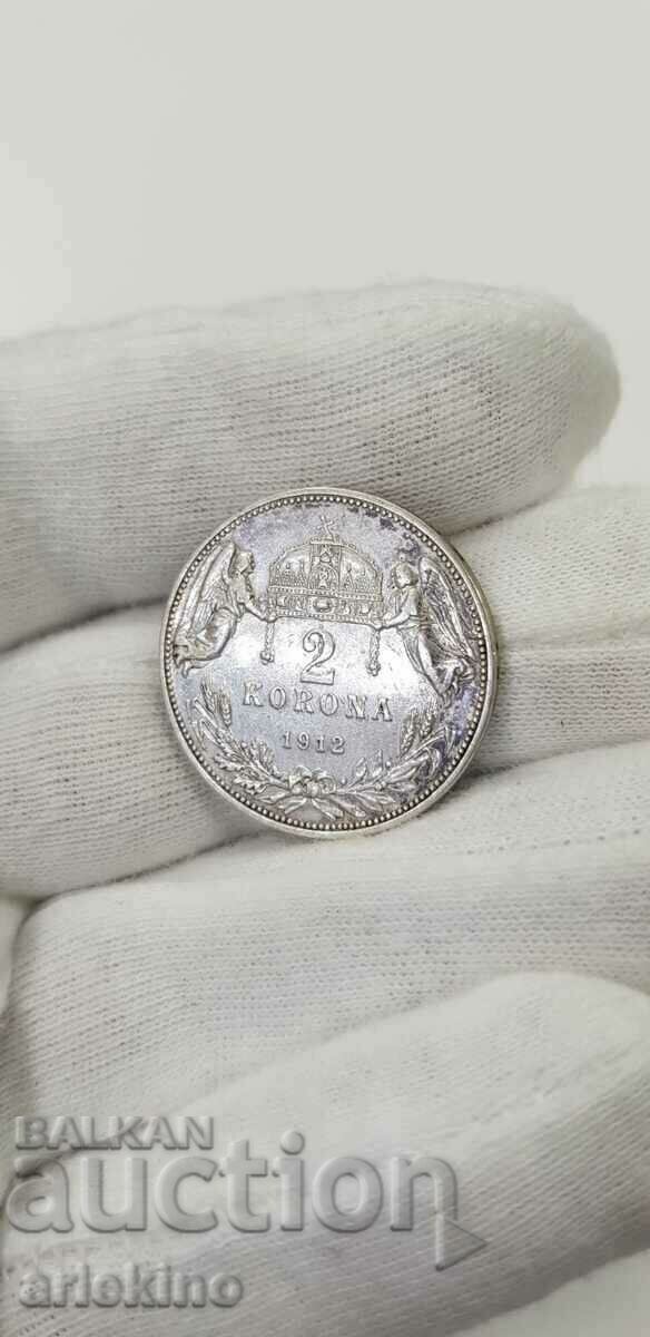 Silver Royal Hungarian 2 Crown coin 1912 Franz Joseph