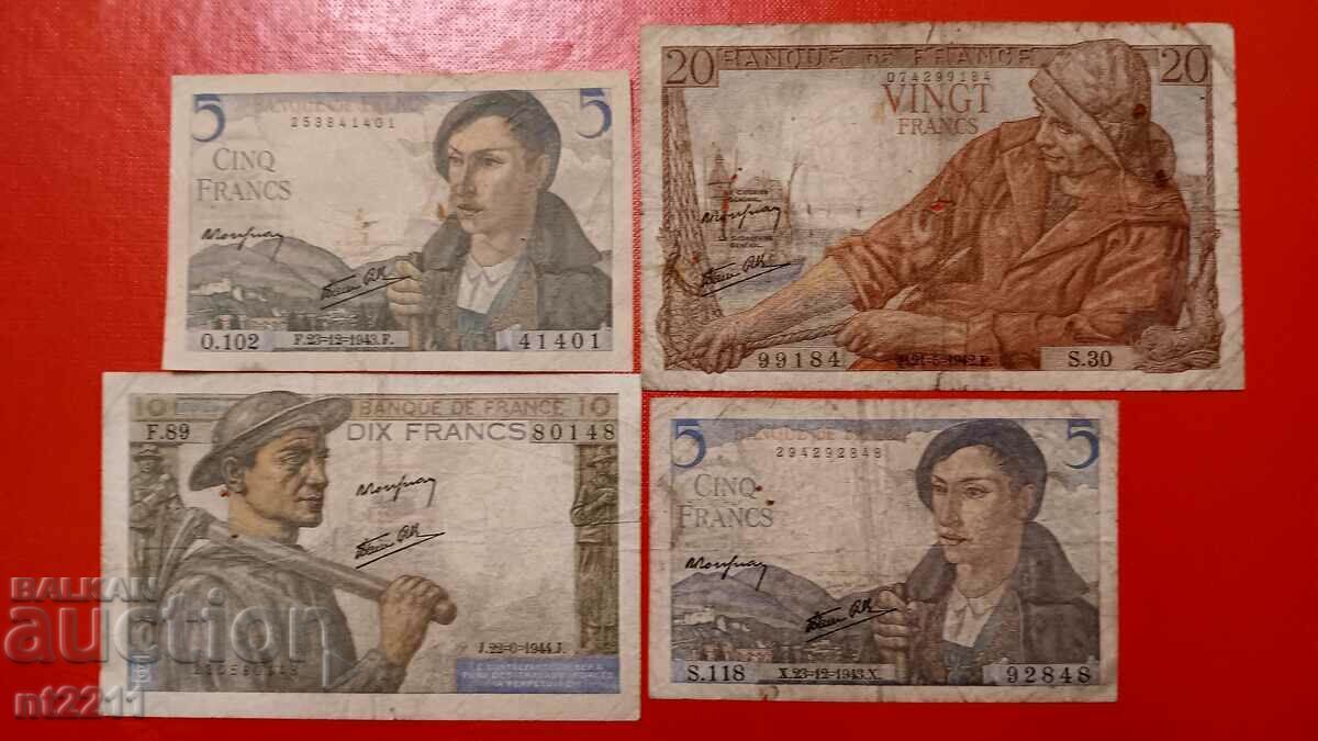 Set 5, 10, 20 francs France 1943-47. Set 5, 10, 20 francs France 1943-47.