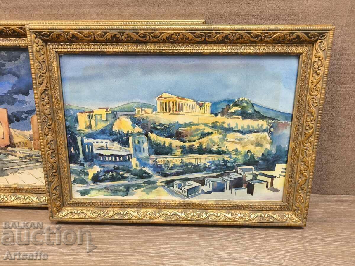 Auction Watercolor painting Greece Acropolis Auction Watercolor painting Greece Acropolis