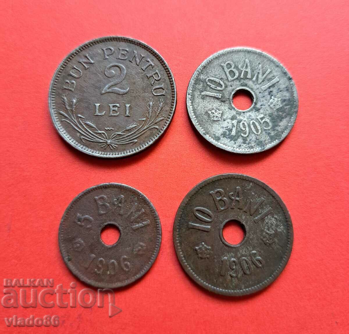 5 bani 1906, 10 bani 1905 and 1906, 2 lei 1924