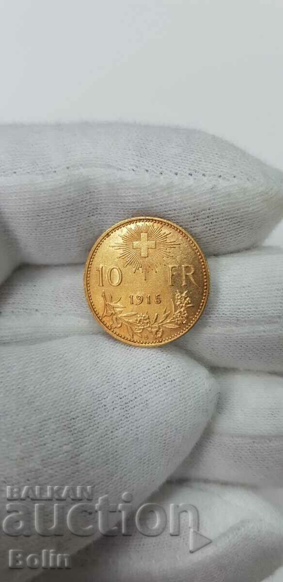 Rare gold coin 10 francs 1915 Switzerland