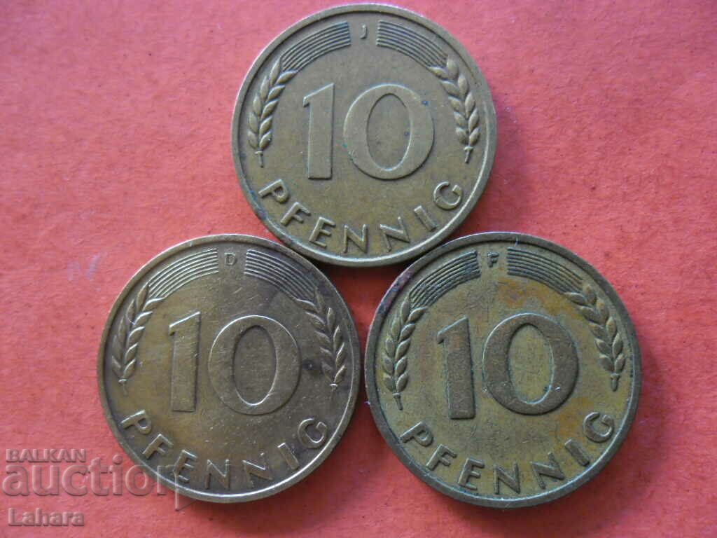 10 пфенига 1950 г. Германия букви D , F и J