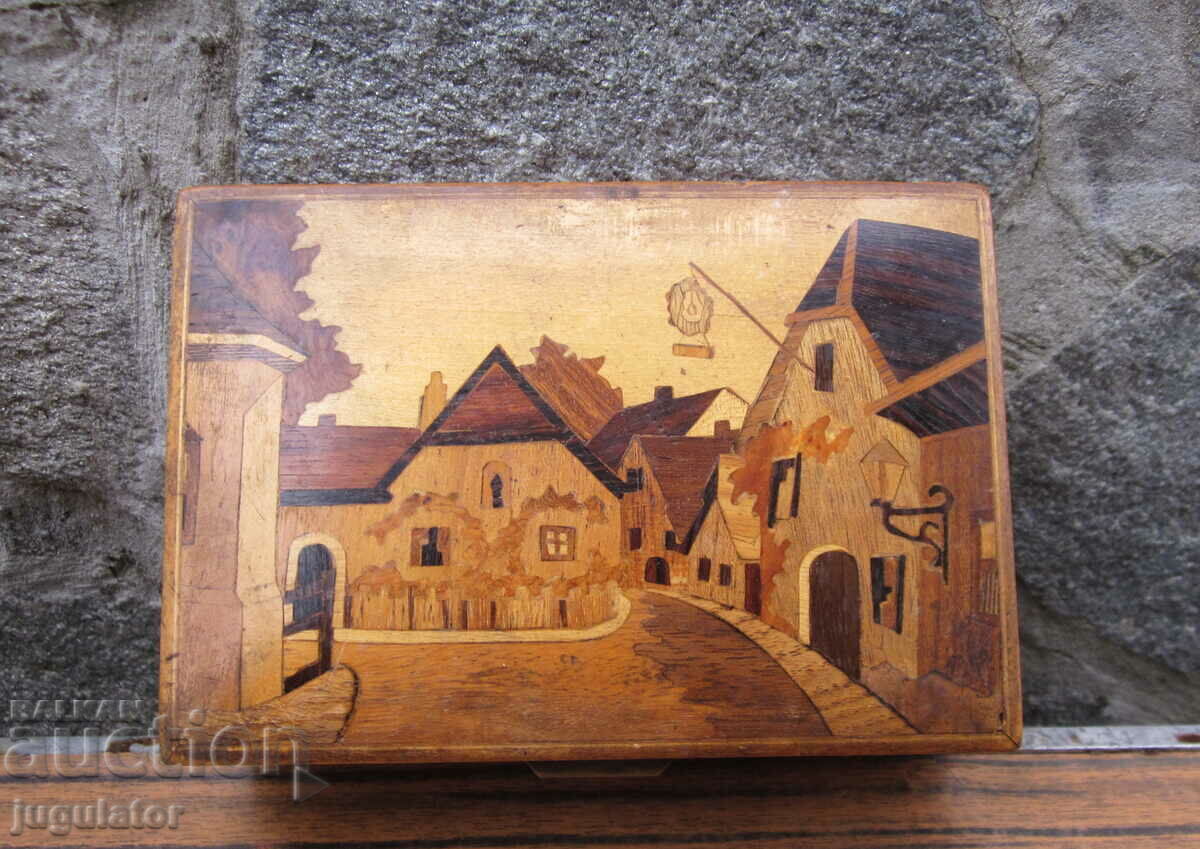 old German wooden box jewelry box with inlay