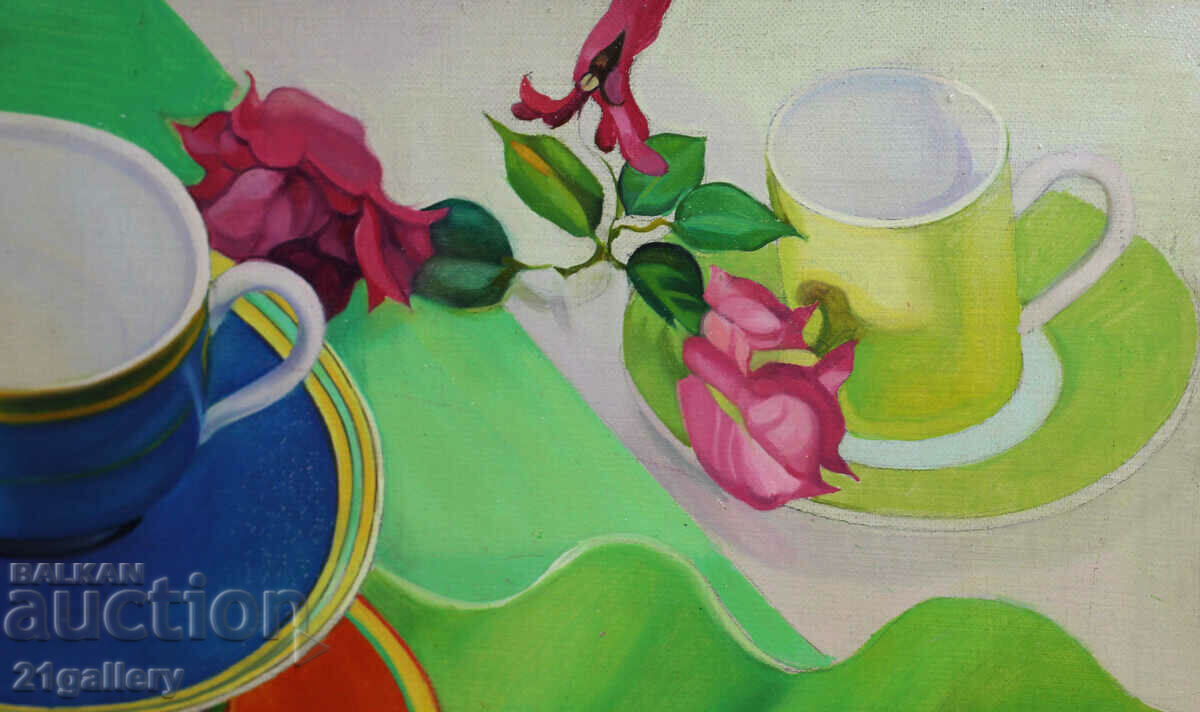 Παράδοση Νεκρή φύση με γυαλιά και τριαντάφυλλο, λαδομπογιές Παράδοση Νεκρή φύση με γυαλιά και τριαντάφυλλο, λαδομπογιές