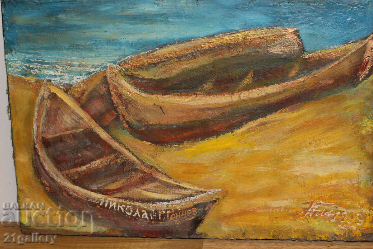 Nikolay Genchev Landscape with boats, oil paints, signed - 5 Nikolay Genchev Landscape with boats, oil paints, signed - 5
