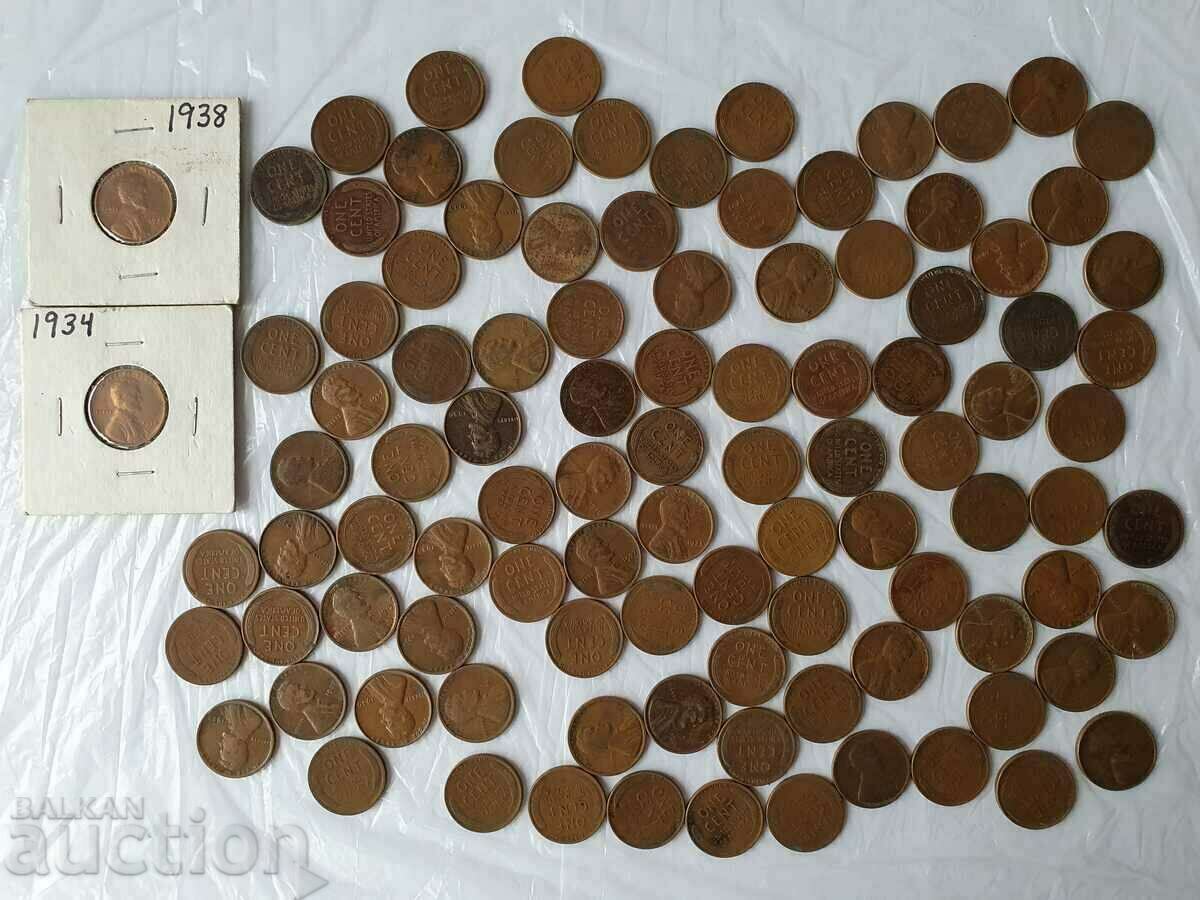 100 US One Cent Coins - 1909-1939