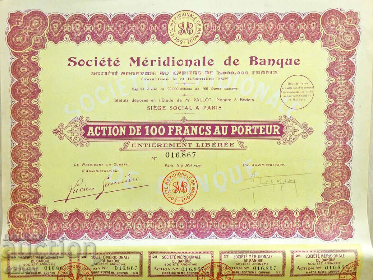 Stock of Societe Meridionale de Banque - 1929, XF Stock of Societe Meridionale de Banque - 1929, XF