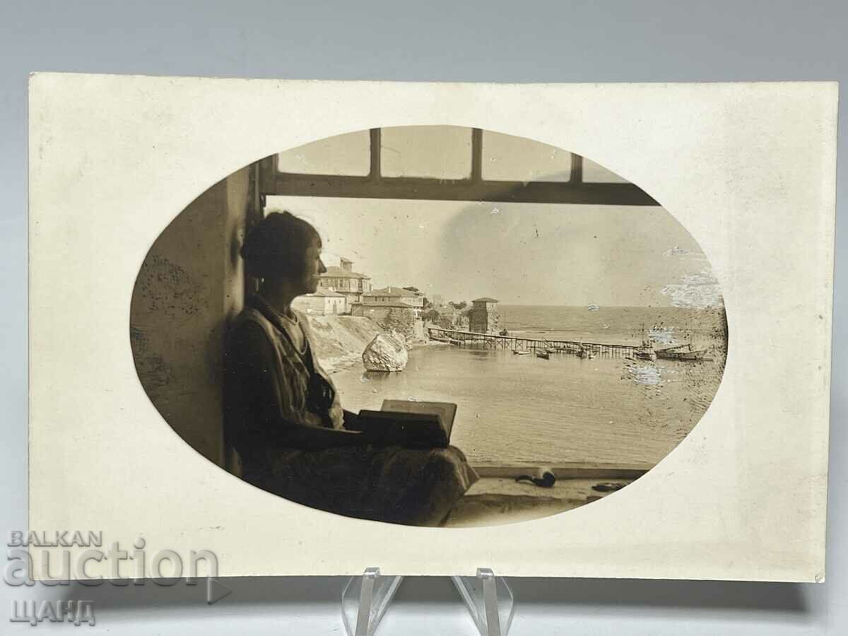 1930 Card Photo Anhialo View of the Harbor from a Window