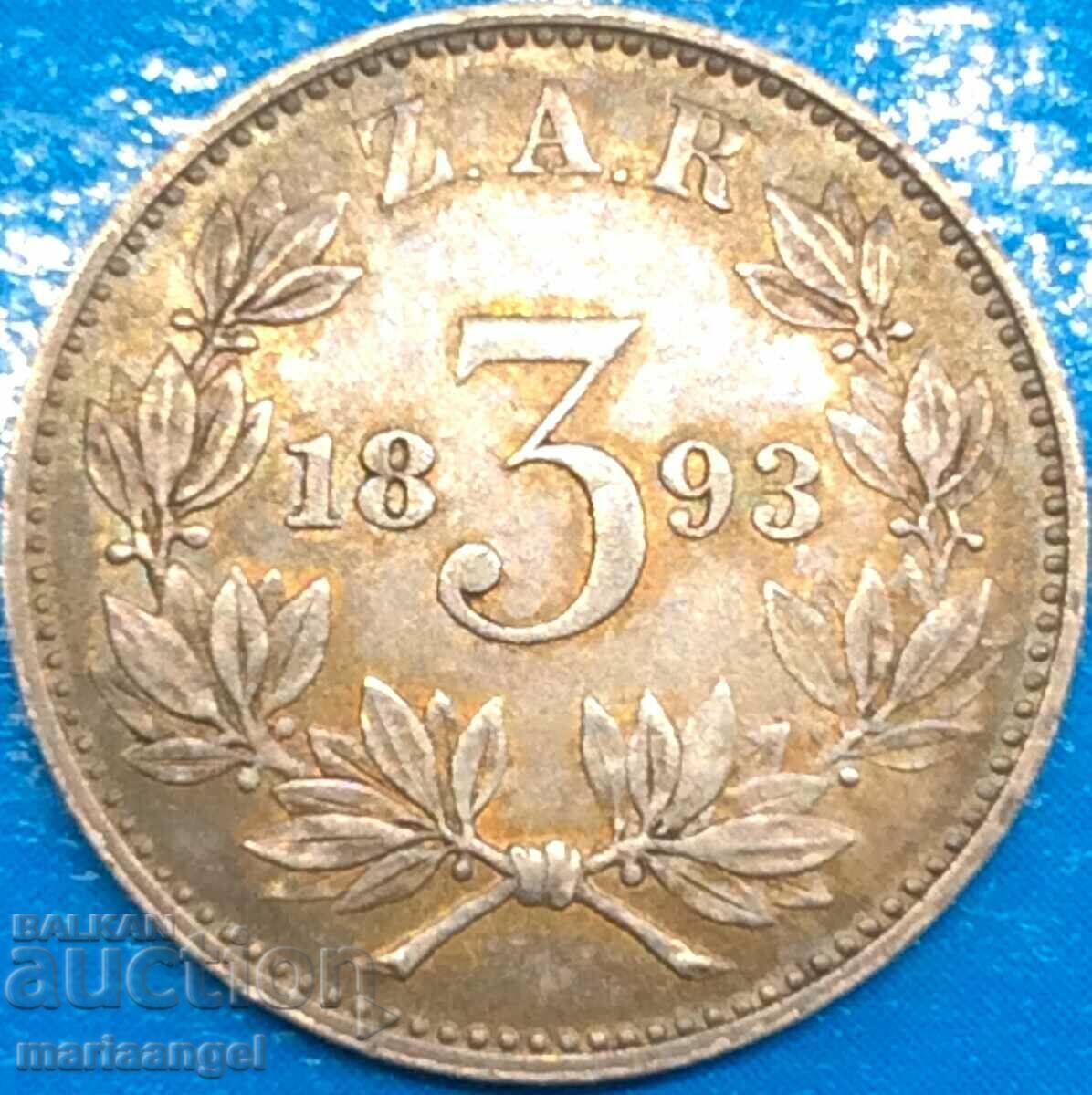 Africa de Sud 3 pence 1893 Z.A.R. Patină argintie din Africa de Sud