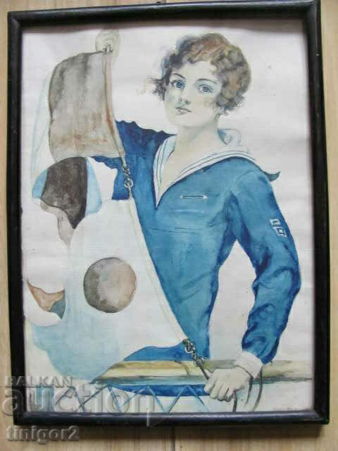 Anii 1930 Pictură veche acuarelă, 31x24cm.