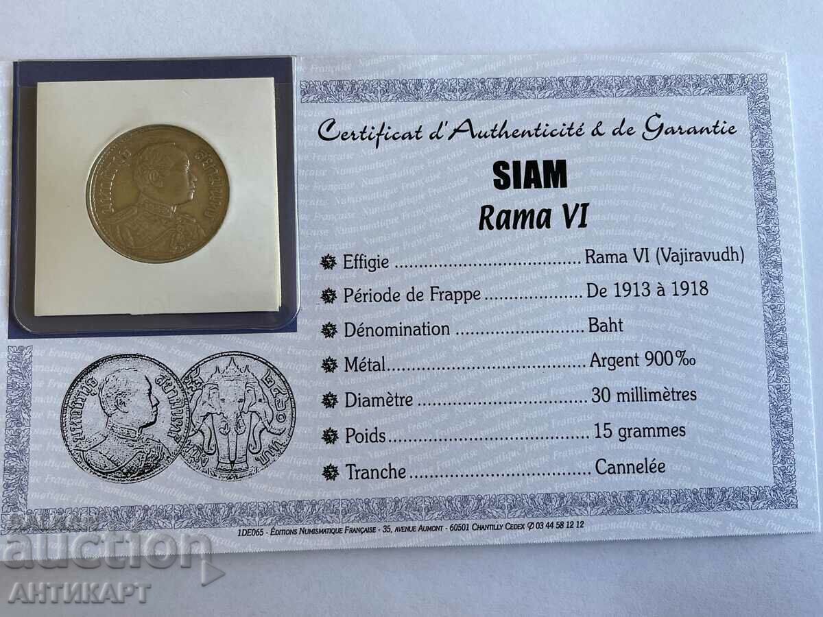 monedă de argint Baht BAT Siam Thailanda Rama VI 1913-18 argint