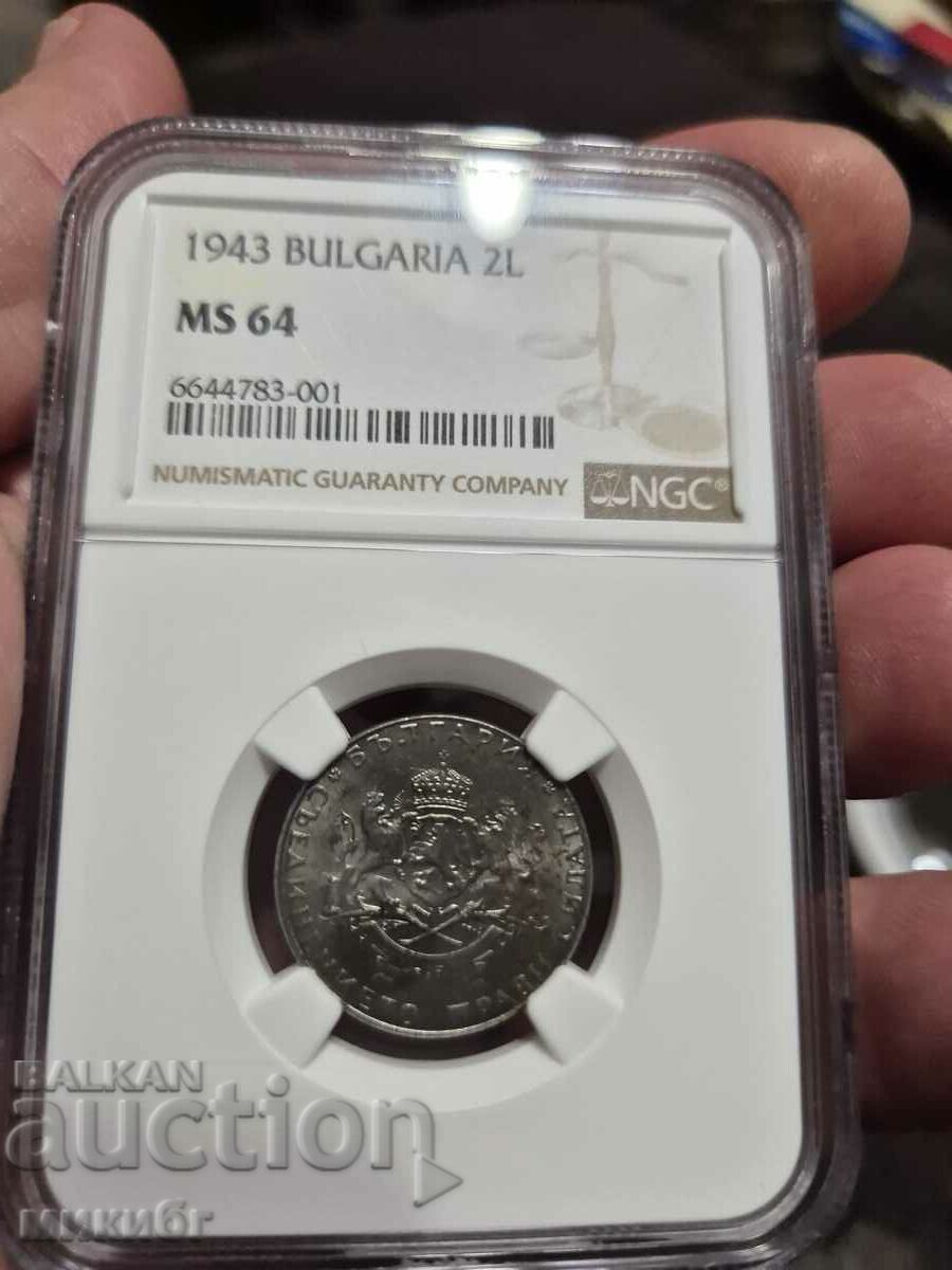 2 лева 1943 MS64 NGC