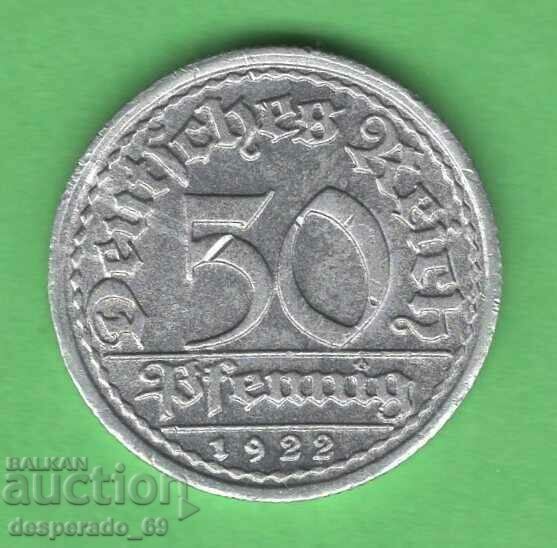 (¯`'•.¸ 50 Pfennig 1922F GERMANY ¸.•'´¯)