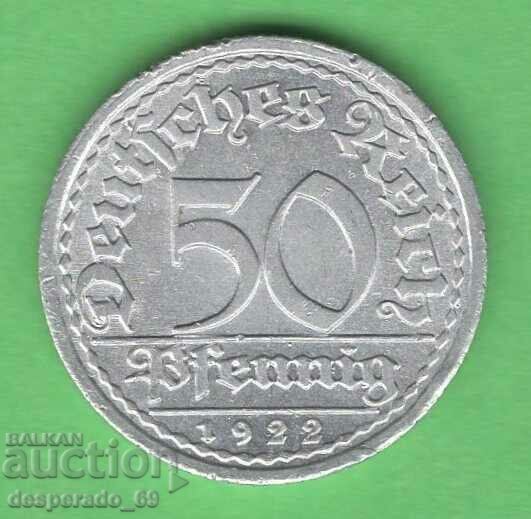 (¯`'•.¸ 50 Pfennig 1922A GERMANIA aUNC ¸.•'´¯)