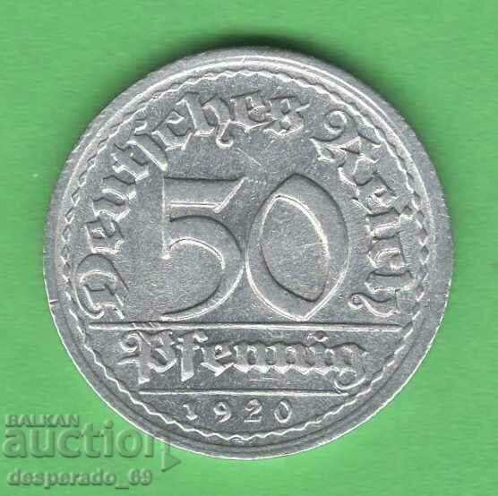 (¯`'•.¸ 50 Pfennig 1920D GERMANIA aUNC ¸.•'´¯)