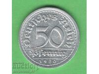 (¯`'•.¸ 50 Pfennig 1920D GERMANIA aUNC ¸.•'´¯)