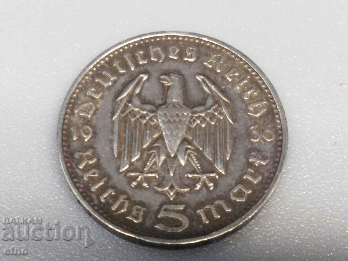 GERMANIA 5 TIMBRIE 1936 F, ARGINT, MONEDE, MONEDE