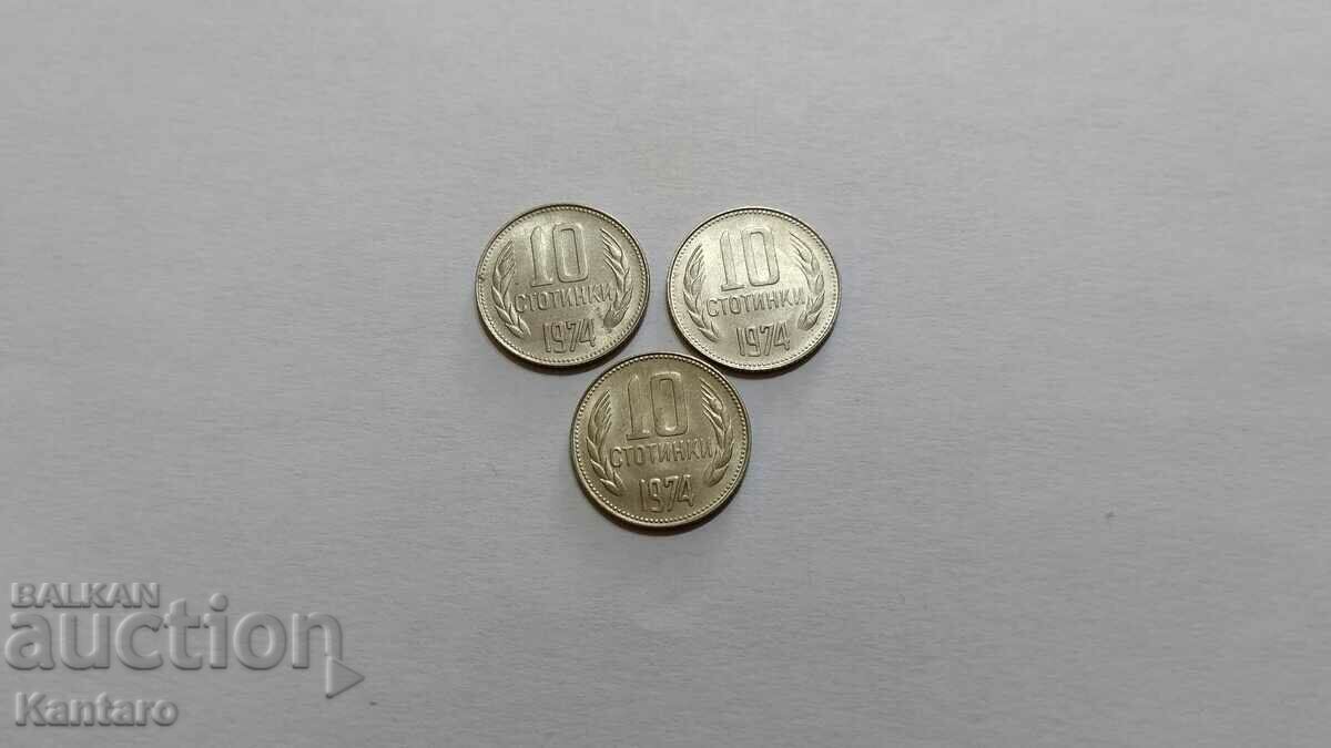 Coin - BULGARIA - 10 cents - 1974 - 3 pcs.