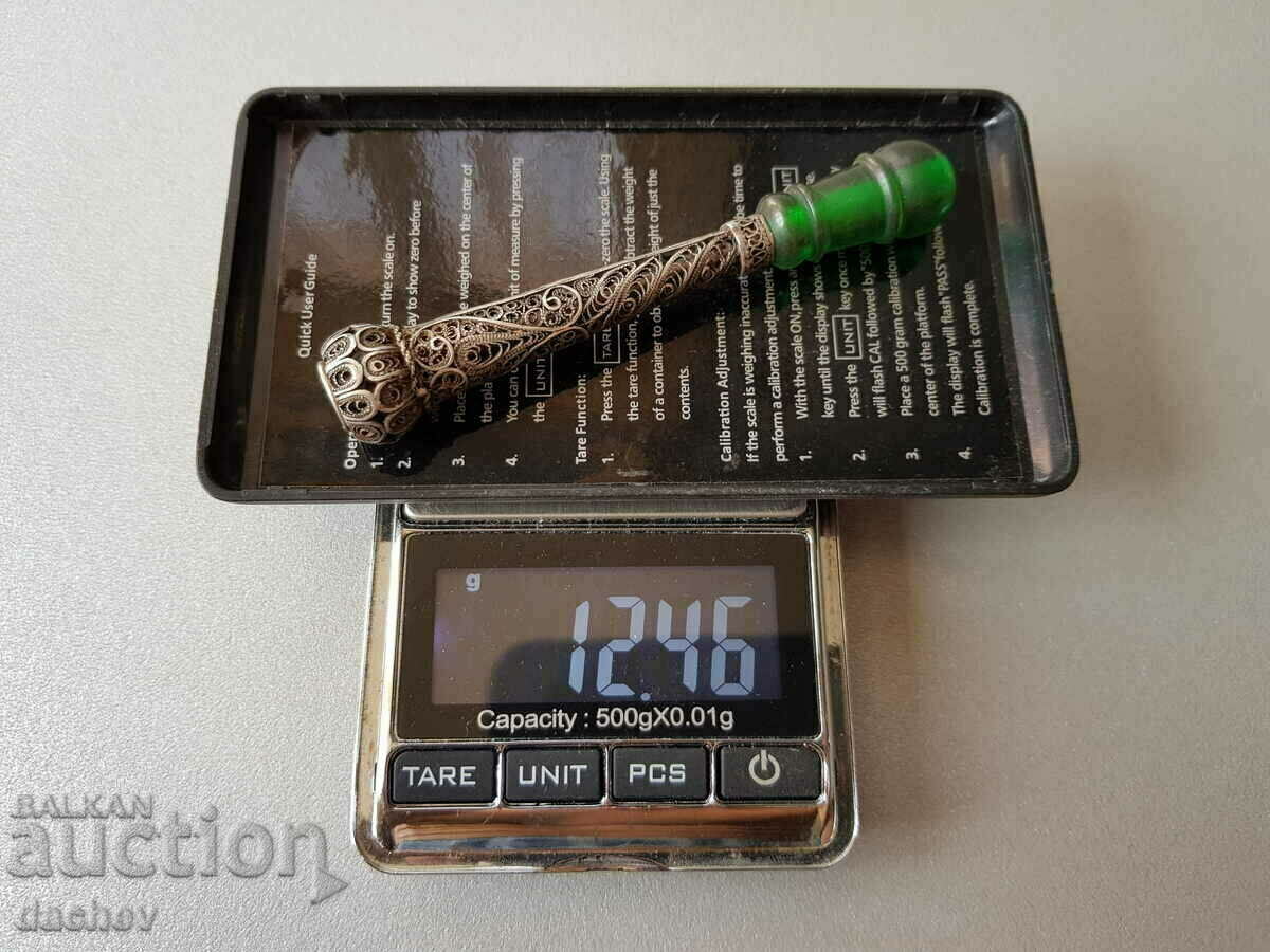 Възрожденско цигаре сребро филигран с зелен мущук ПЕРФЕКТНО!