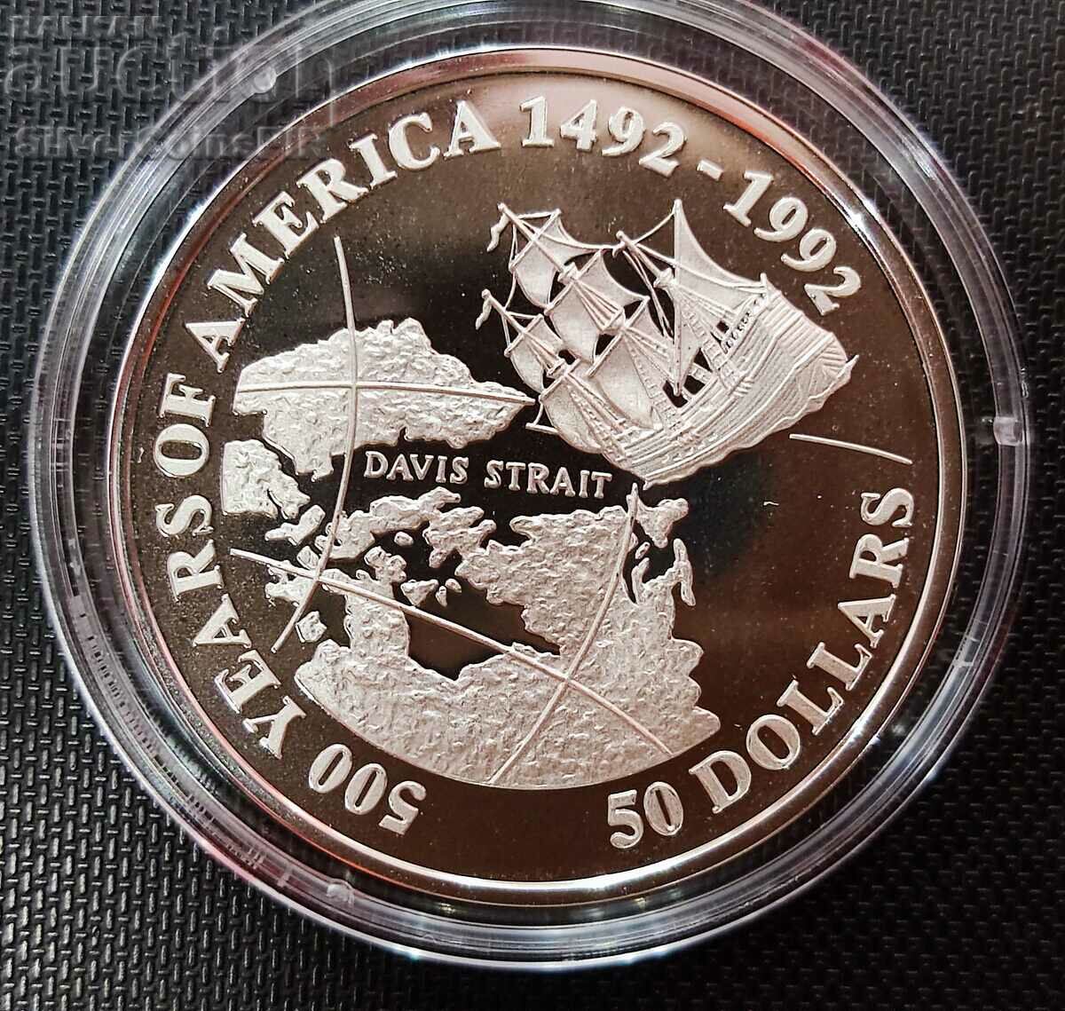 Сребро 1 oz Джон Дейвис 1992 500г. Америка 50 Долара