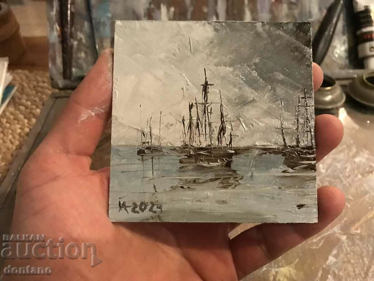 Small oil painting landscape - Aivazovsky seascape - ship