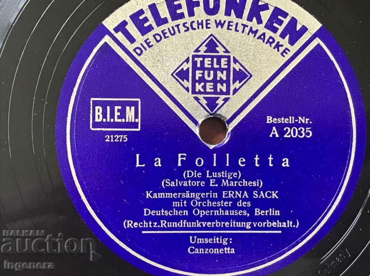 BAKELITE SHELLAC RECORD - LA FOLLETTA - SALVTORE MARK with price 6.00 BGN | € 3.07