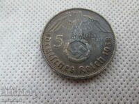 5 REICHMARKS 1938 GERMANY SILVER LETTER E