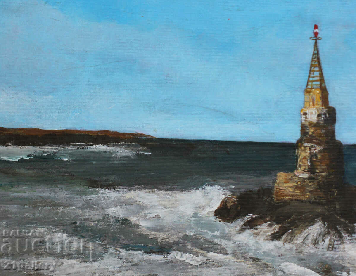 Auction Oil painting seascape with lighthouse signed Auction Oil painting seascape with lighthouse signed