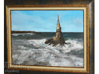 Oil painting seascape with lighthouse signed