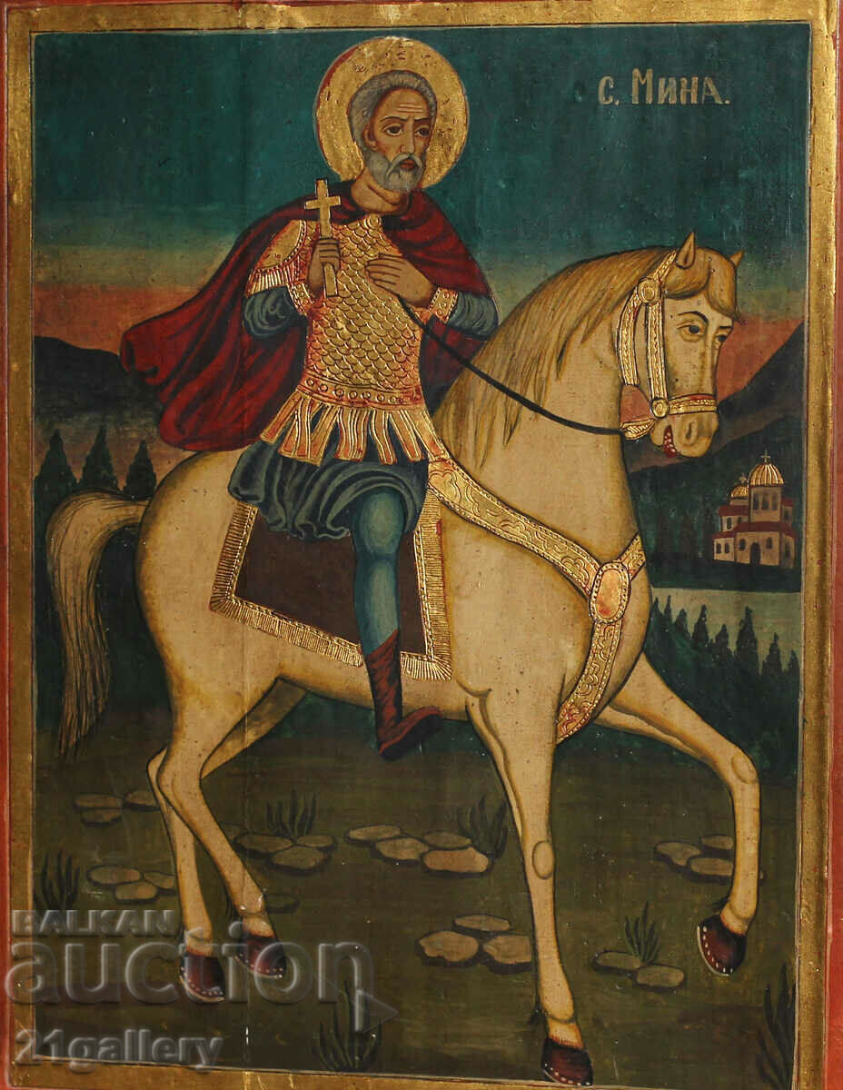Hand drawn icon of Saint Mina on a horse with price 800.00 BGN | € 409.03 Hand drawn icon of Saint Mina on a horse with price 800.00 BGN | € 409.03