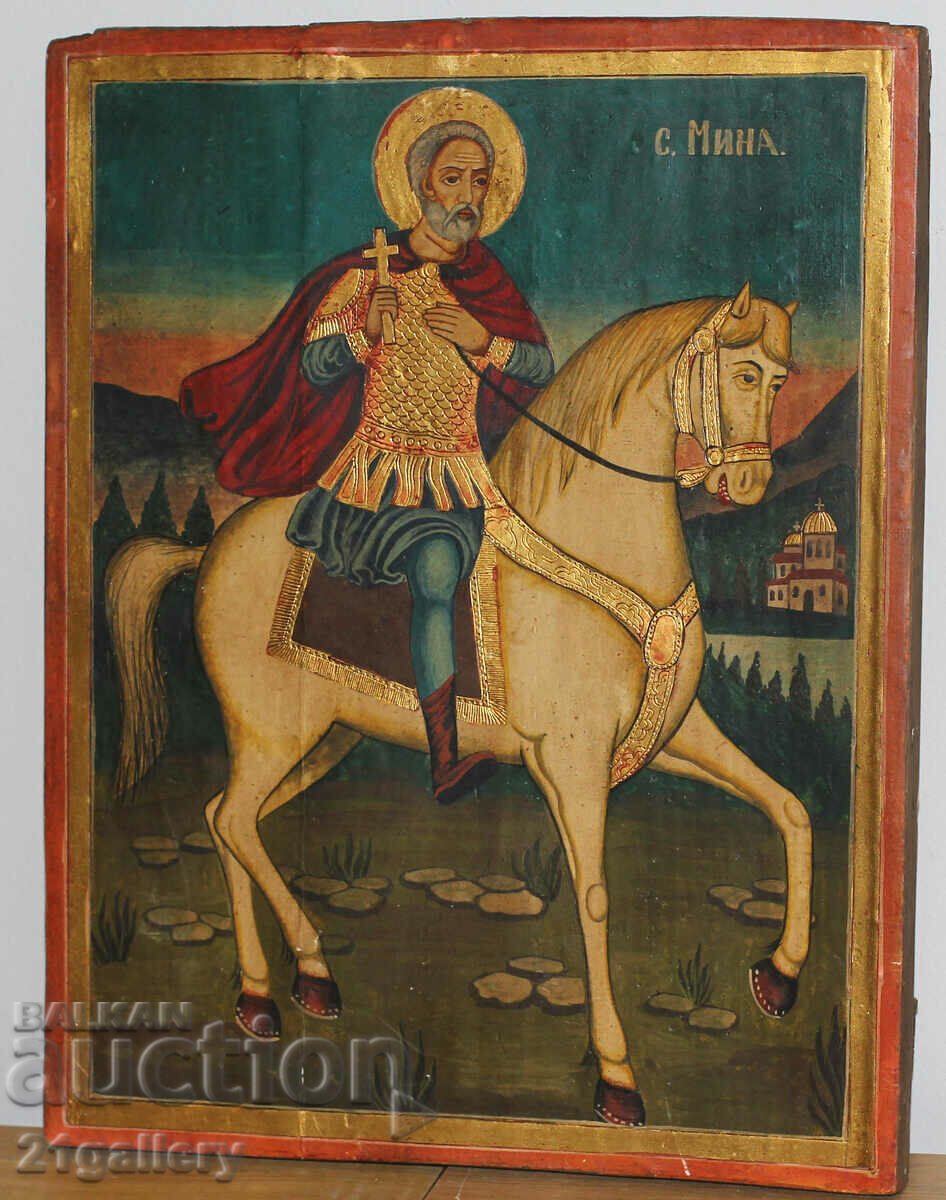 Auction Hand drawn icon of Saint Mina on a horse Auction Hand drawn icon of Saint Mina on a horse