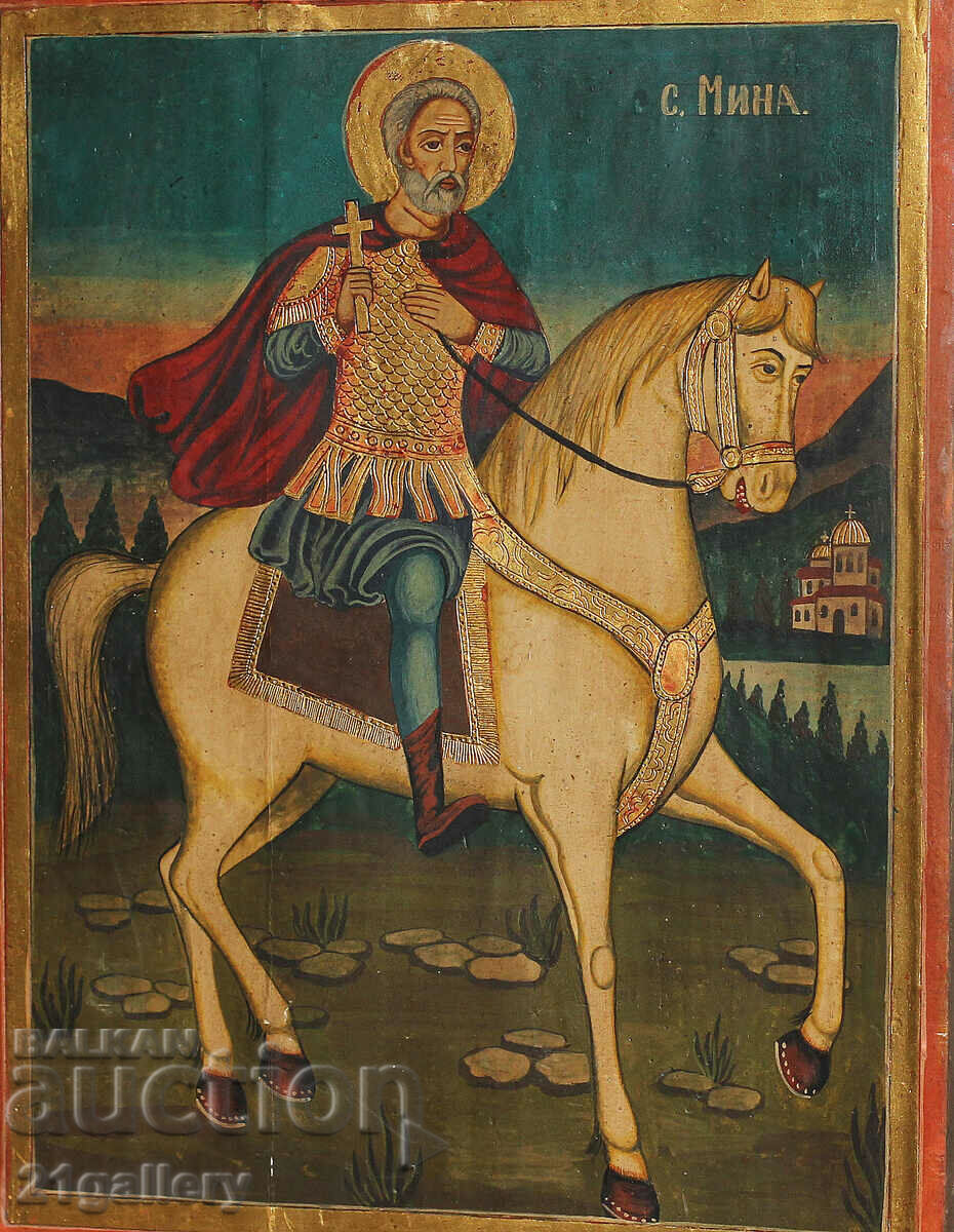 Hand drawn icon of Saint Mina on a horse