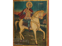 Hand drawn icon of Saint Mina on a horse